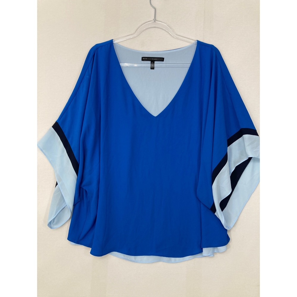 White House Black Market Blouse XL Blue Colorblock V-Neck Soft Flowy Vacation - Picture 2 of 9